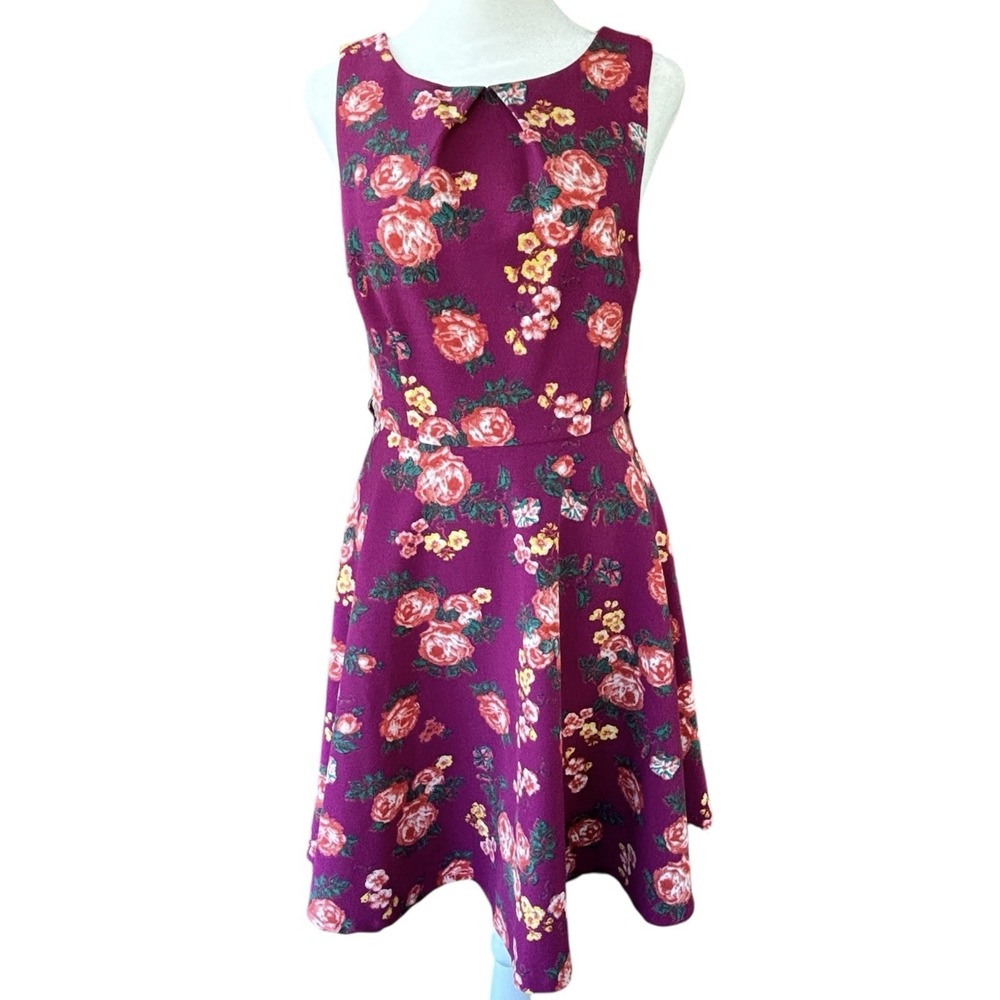 Fervour ModCloth Purple Floral Swing Dress Pleated Collar Vintage Style Womens S